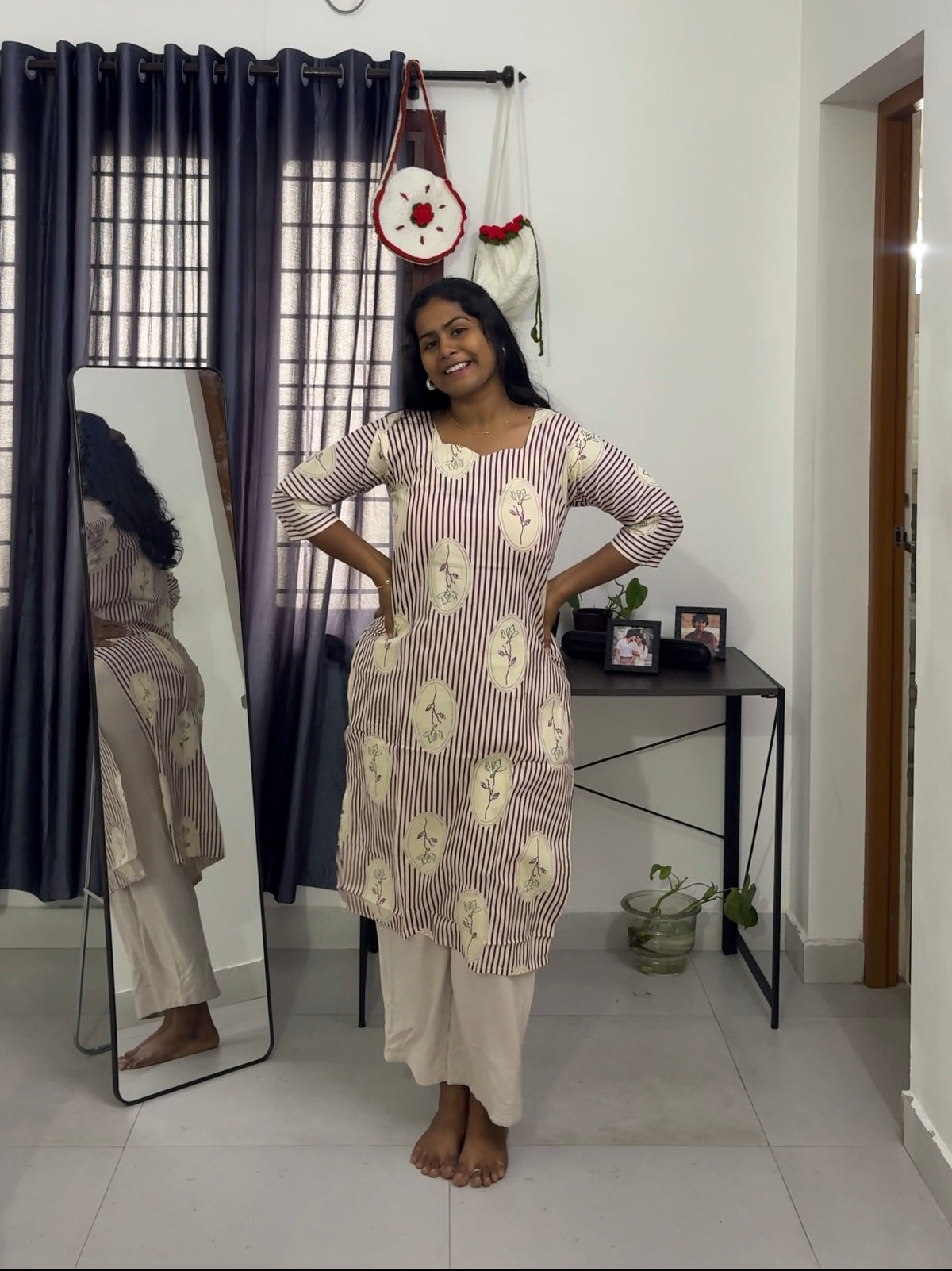White pink motif long kurti