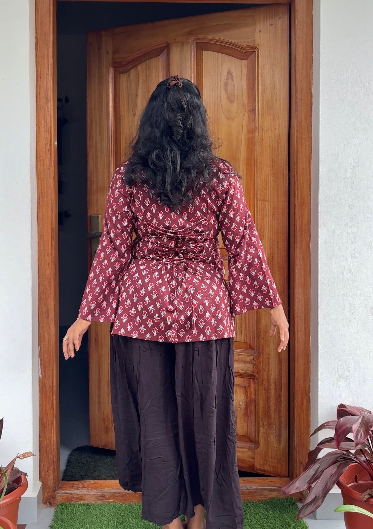 Maroon butta front adjustable Corset back Kurti