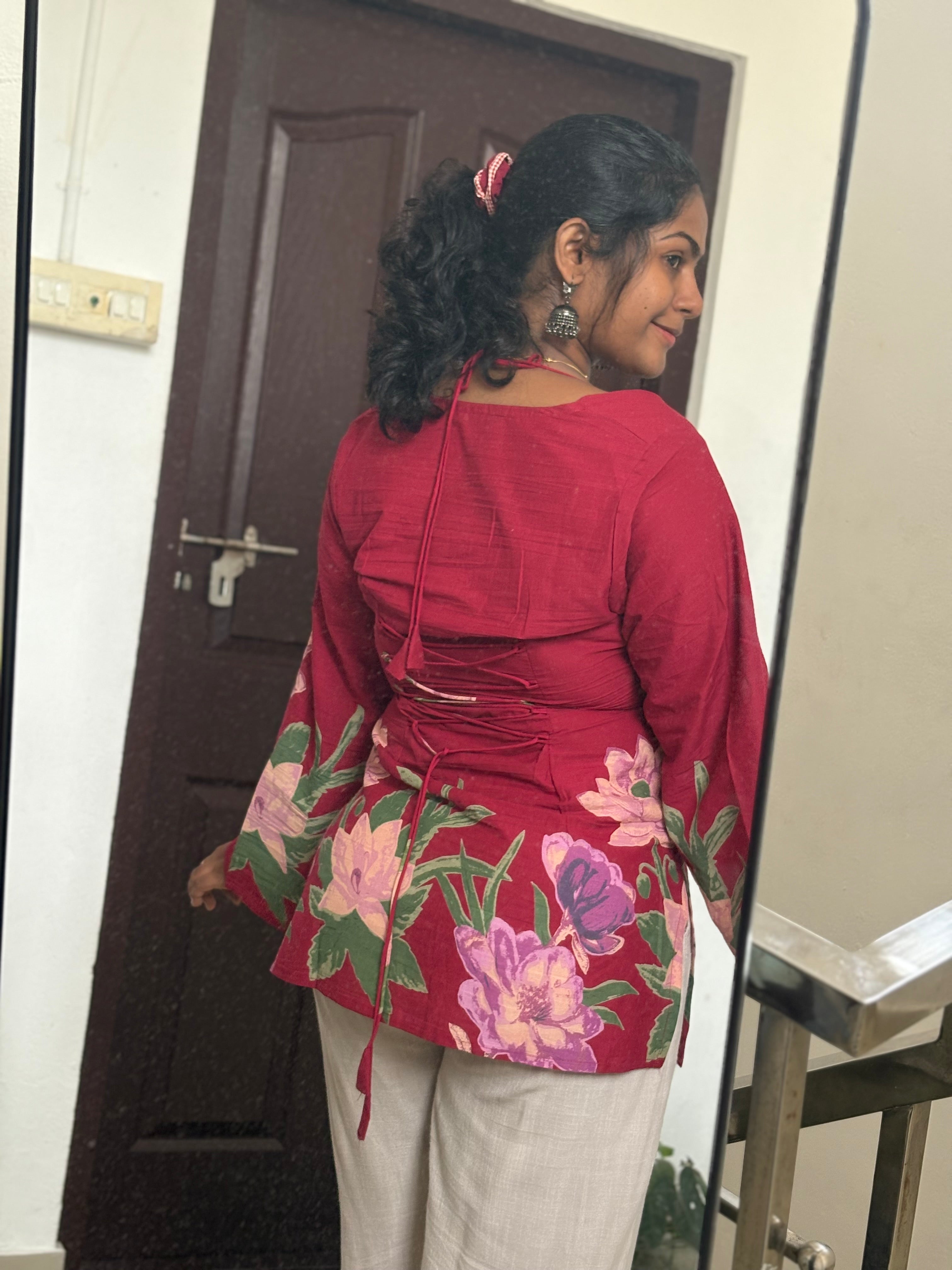 Magical Full sleeve Red Floral corset back Kurti