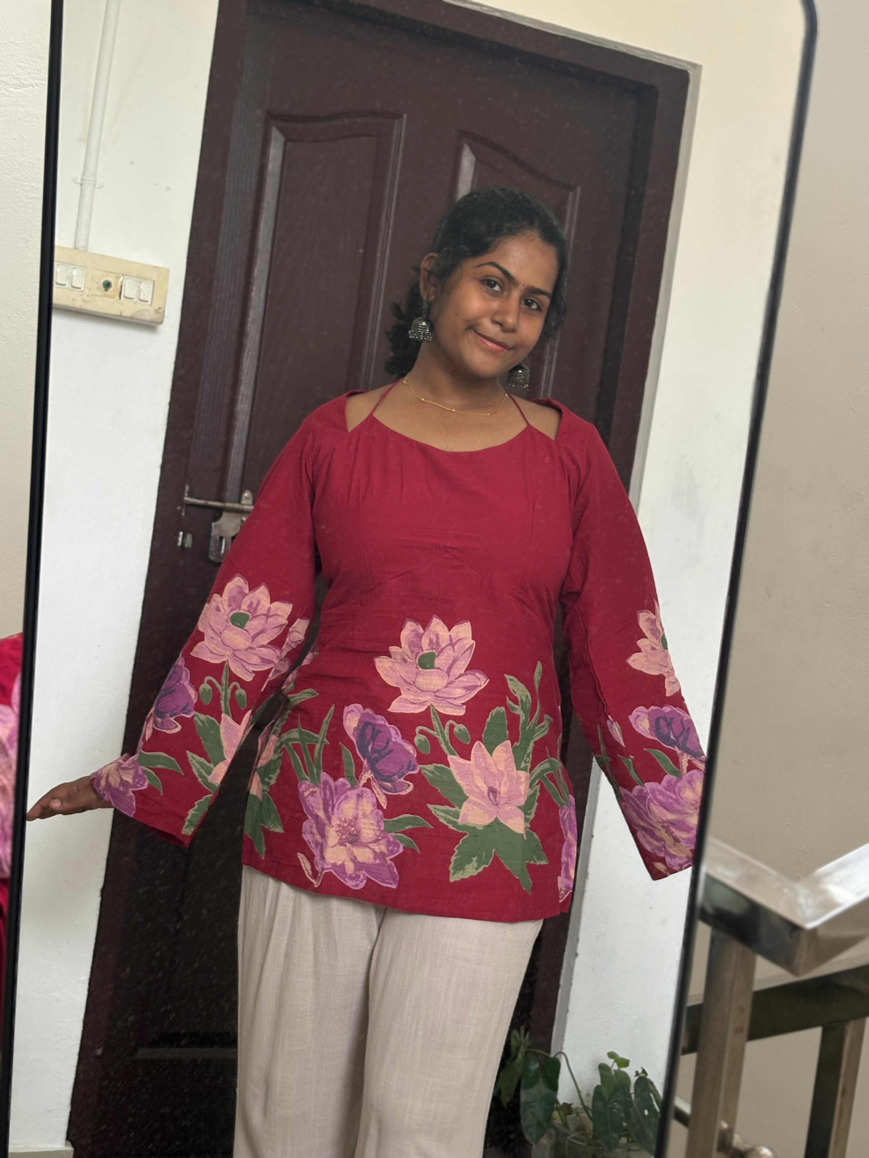 Magical Full sleeve Red Floral corset back Kurti