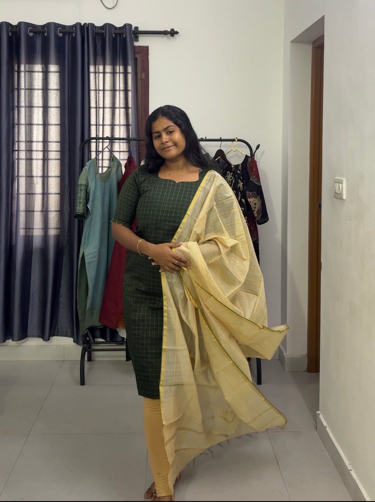 Raw silk Green Kurti with shawl