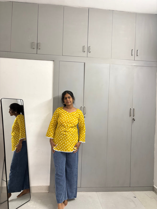 Yellow Pearl Back Short Kurti