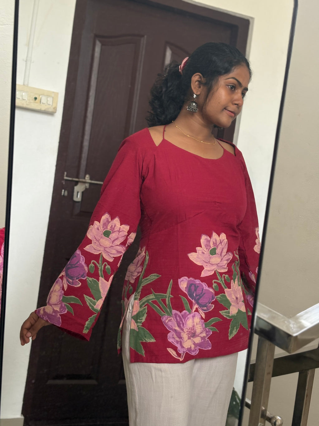 Magical Full sleeve Red Floral corset back Kurti