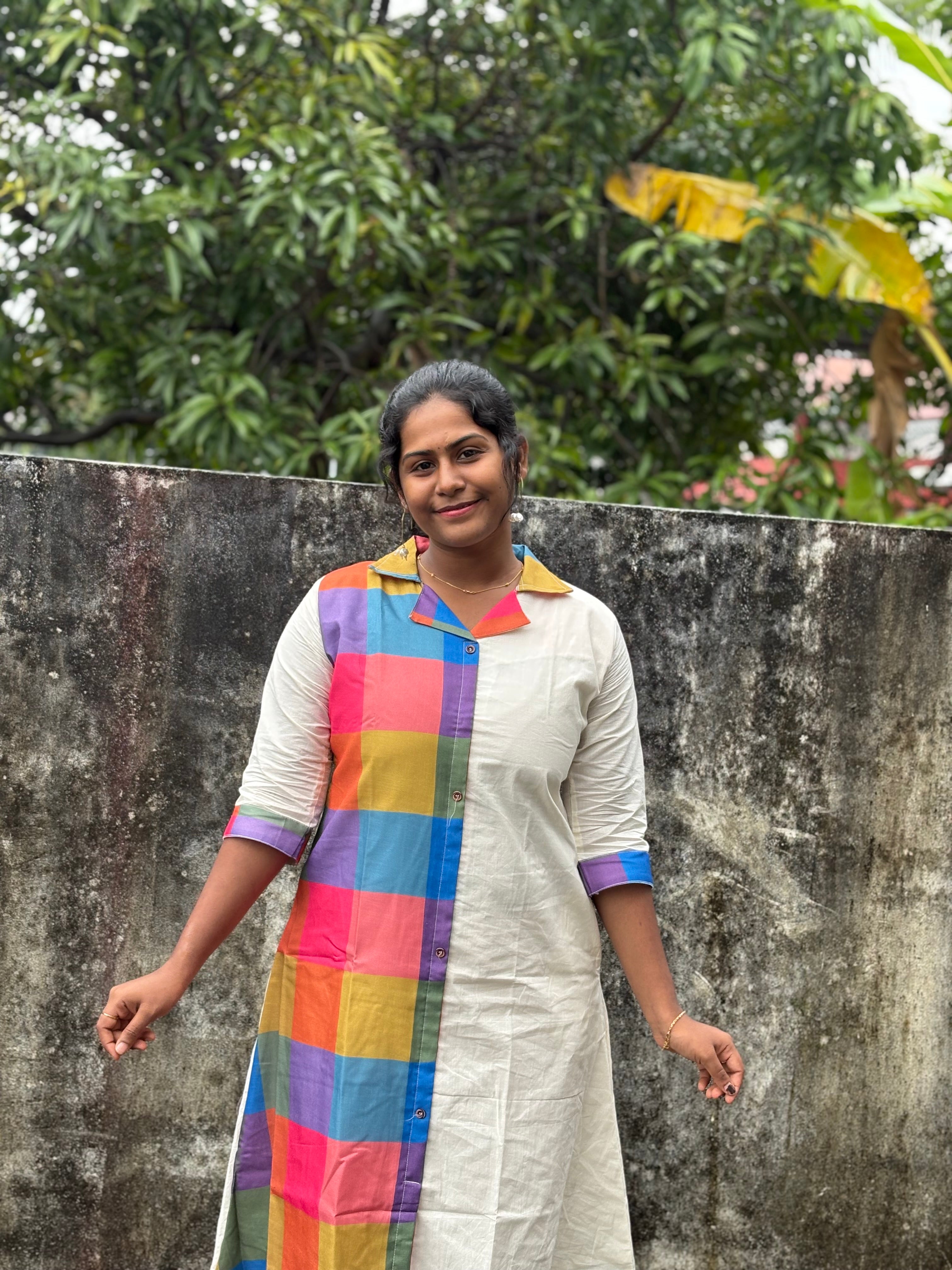 White & Madras Check A-line Kurti