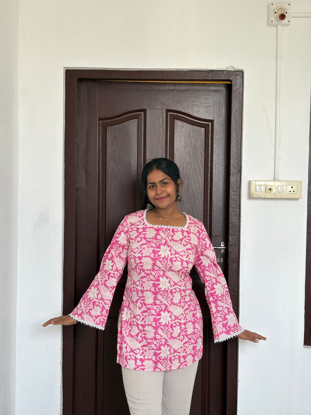 Pink Floral Lace corset back kurti