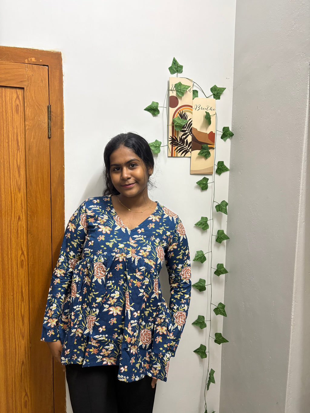 Navy blue floral Peplum Top