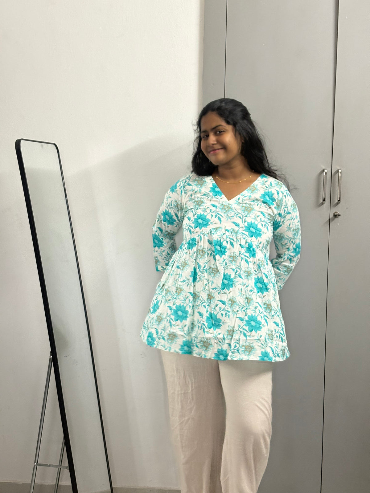 White Blue Peplum Top