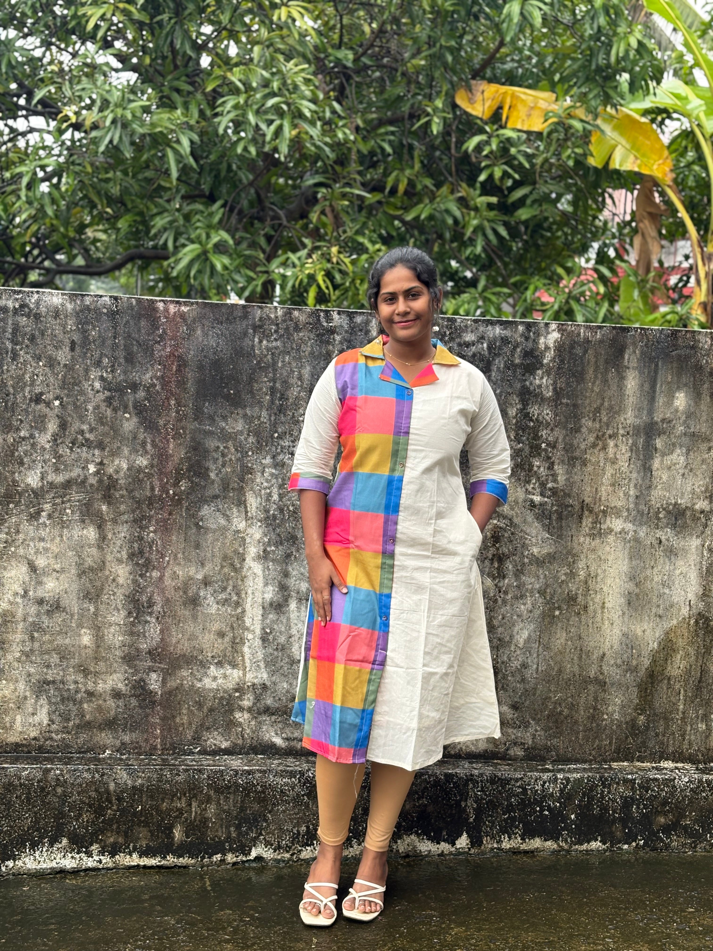White & Madras Check A-line Kurti