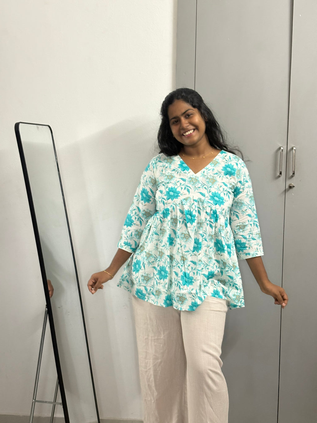 White Blue Peplum Top