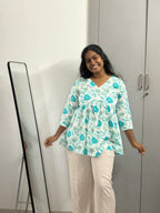 White Blue Peplum Top