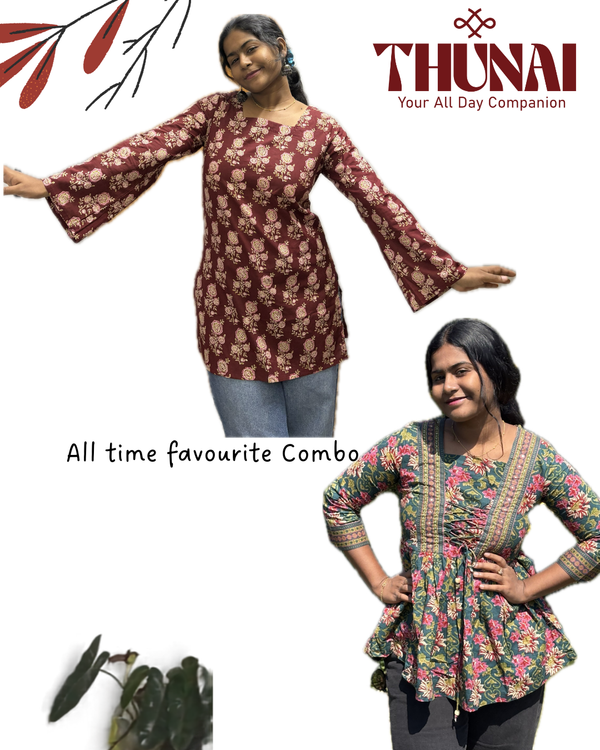 Green front knot + Brown Corset Back Kurti