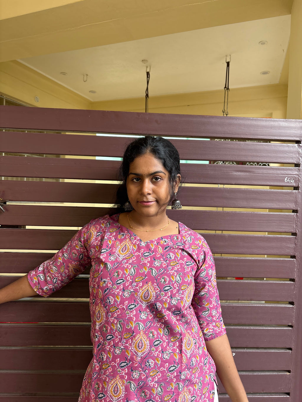 Pink floral knee length kurti