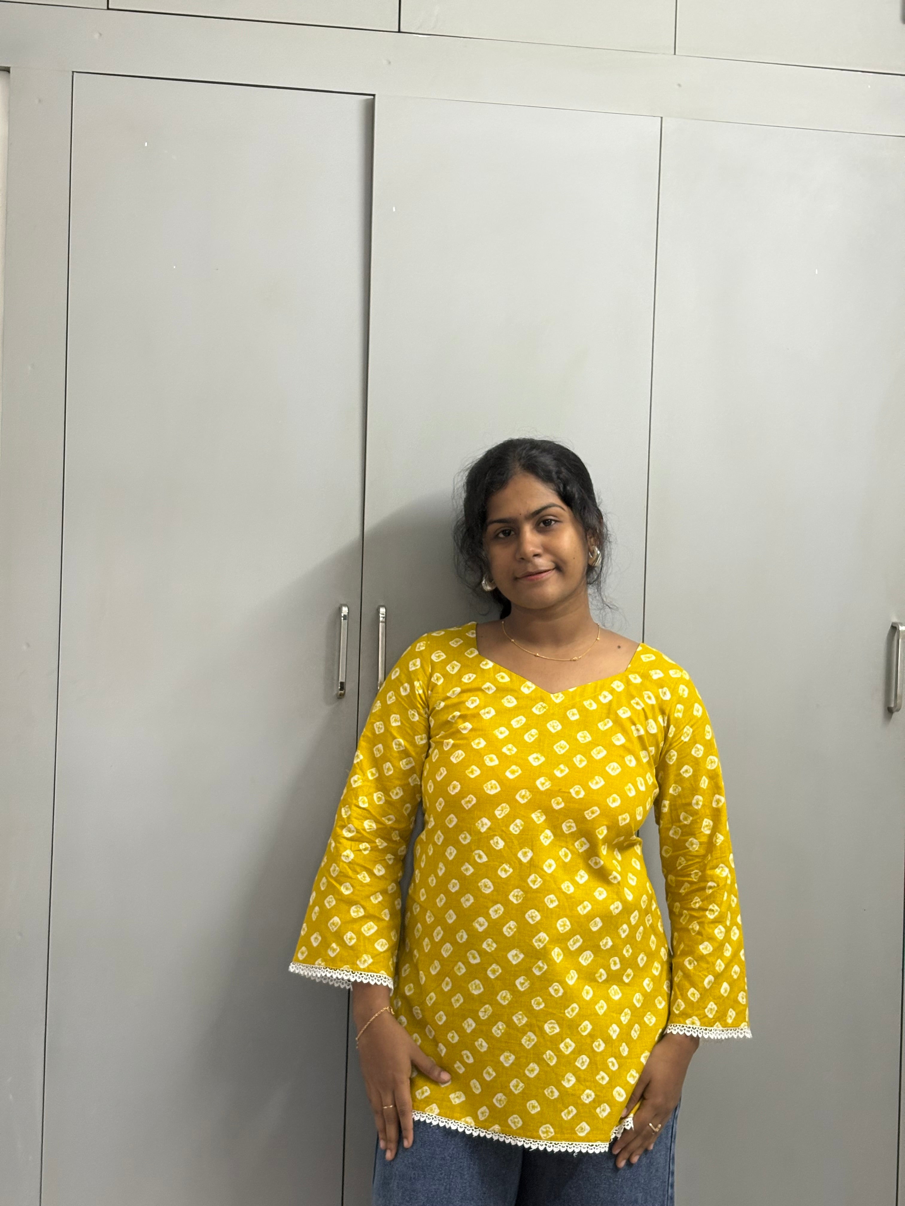 Yellow Pearl Back Short Kurti