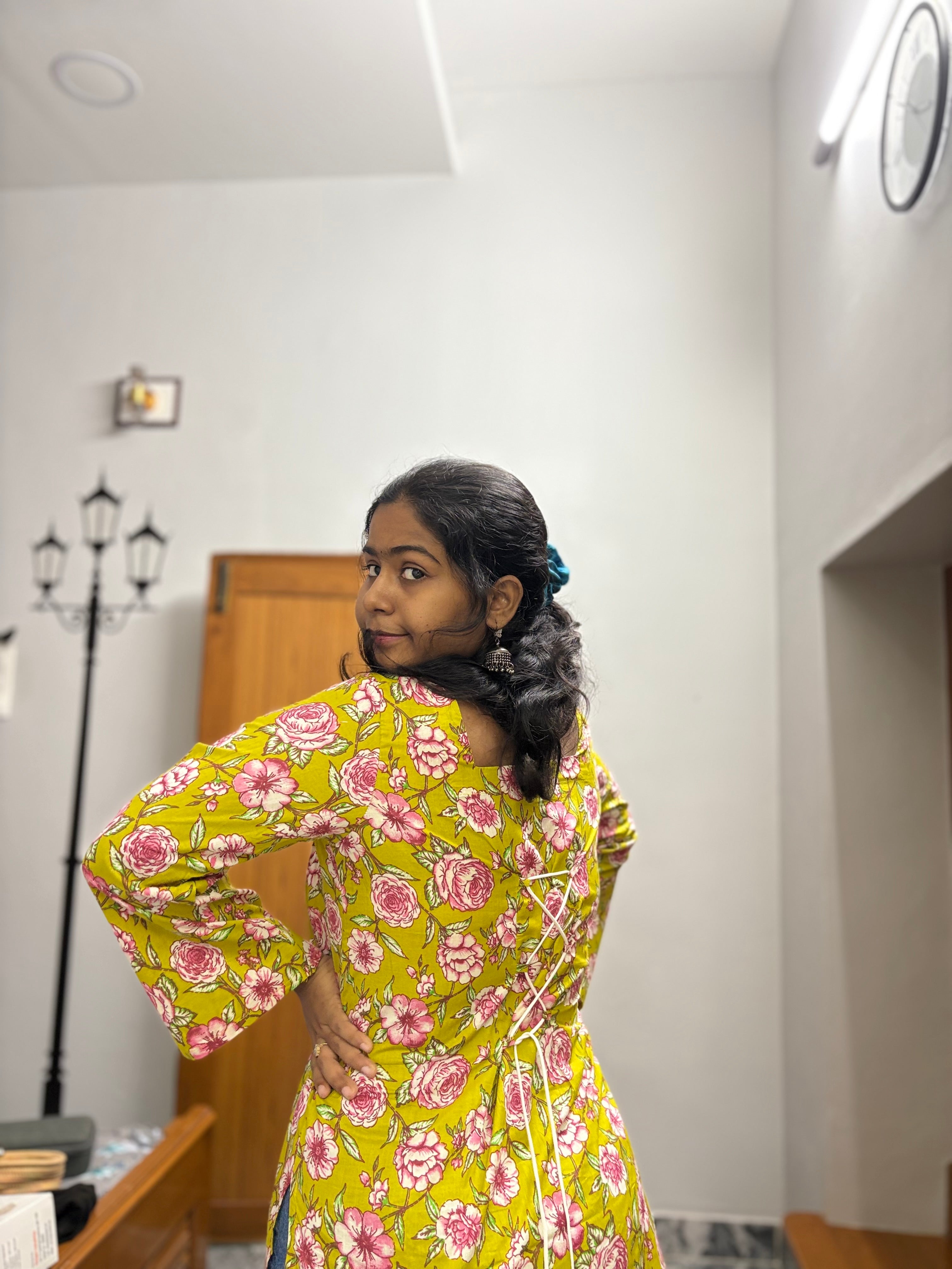 Olive green  floral Corset back kurti