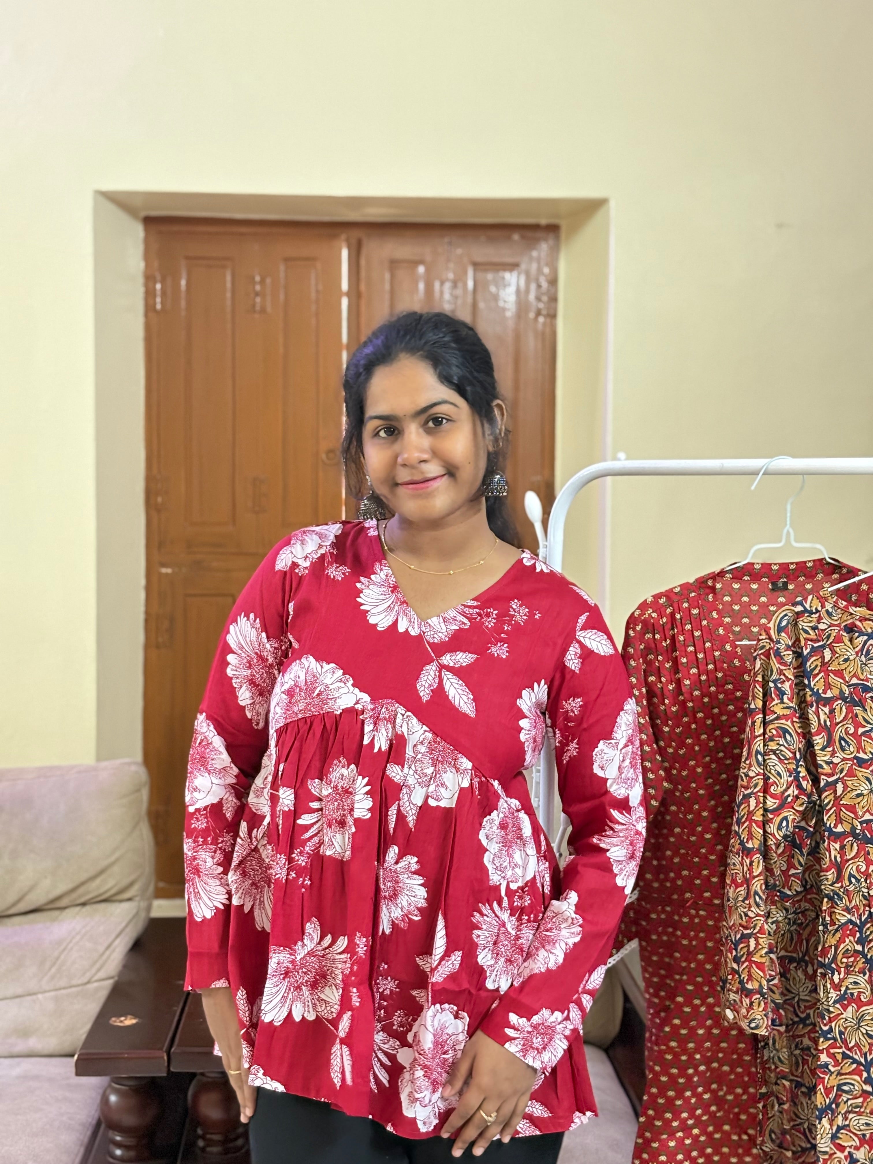 Red Motif Peplum Top